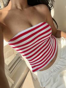 Sunnyshic 女士休闲条纹露背抹胸，百搭适合春夏季假期 - 紅色 - 查看 4