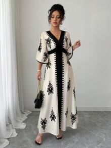 Calvaya Women's Colorblock Flare Sleeve Graphic Print Casual Long Dress