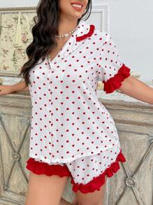SHEIN Plus Size Contrast Color Ruffle Hem Heart Print Short Sleeve Shorts Pajama Set - Multicolor - View 4