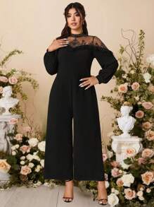 SHEIN Belle Plus Size Stand Collar Lace & Mesh Panel Lantern Sleeve Loose Straight Leg Jumpsuit, Casual & Elegant For Outing & Party