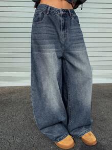 DAZY Jeans ample vintage à jambes droites pour femmes, lavé - Jean bleu - Voir 3