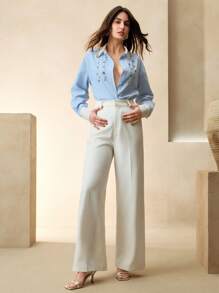 Anewsta Camicia maniche lunghe elegante, casual e da business, con design di primavera ed estate, realizzata artigianalmente con perline sulle unghie, con colore di contrasto blu e bianco versatile, stile chic e vecchio denaro