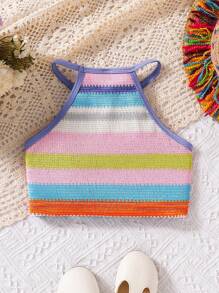 SHEIN Top fără mâneci cu bretele împletite curcubeu colorat pentru fete, potrivit pentru zi de zi, festival, vacanță și vacanță