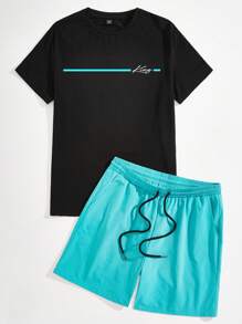 Manfinity Homme Men Letter Print Round Neck Short Sleeve Casual T-Shirt And Drawstring Waist Shorts 2 Pieces Set, Men's Travel Daily Commute Vacation INS Set Style, Offering Comfort And A Relaxed Fit, Perfect For Couples' Gatherings, A Thoughtful Gift For Husbands, Boyfriends, Girlfriends, Or Dads, Suitable For Outdoor Travel, Available In Multi-Piece Sets, Ideal For Wedding Parties, A Beautiful INS Versatile Piece For Parties, A Must-Have For Spring And Summer Gatherings, Blending A Fashion Style Of Maturity, Steadiness, And Wisdom, Especially Suitable For Middle-Aged And Young Successful Individuals. - Multicolor - View 2