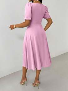 Lyxana Elegante e alla moda vestito blu da donna versatile per uso quotidiano, con scollo quadrato, maniche a palloncino e vita svasata