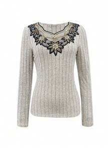 Women Contrast Lace Long Sleeve Ribbed Casual T-Shirt - Khaki - View 3