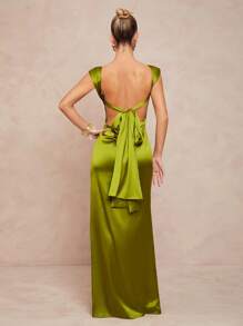 Lumalex 女士露背系带褶皱长款缎面连衣裙 - 綠色 - 查看 5