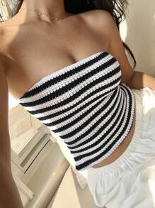 Sunnyshic Women's Lightweight Striped Backless Tube Top, Casual Vacation Daily Versatile, Spring/Summer - Black and White - View 6
