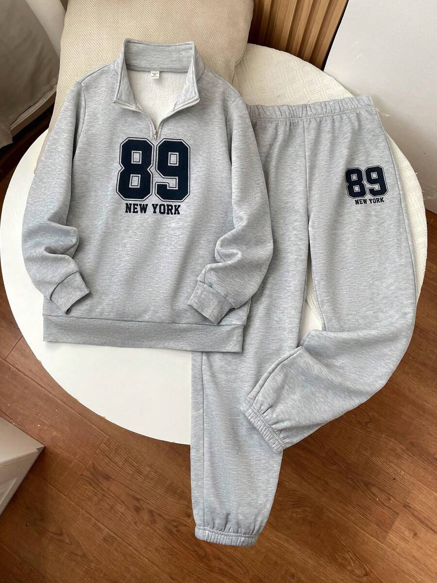 SHEIN Leap Crew 2pcs/Set Teen Boys NEW YORK Print Grey Mock Neck Zip-Up Hoodie And Jogger Pants Set, Suitable For Autumn, Winter, Warmth, Casual, Sports, Birthday Party, All-Match Simple Fleece