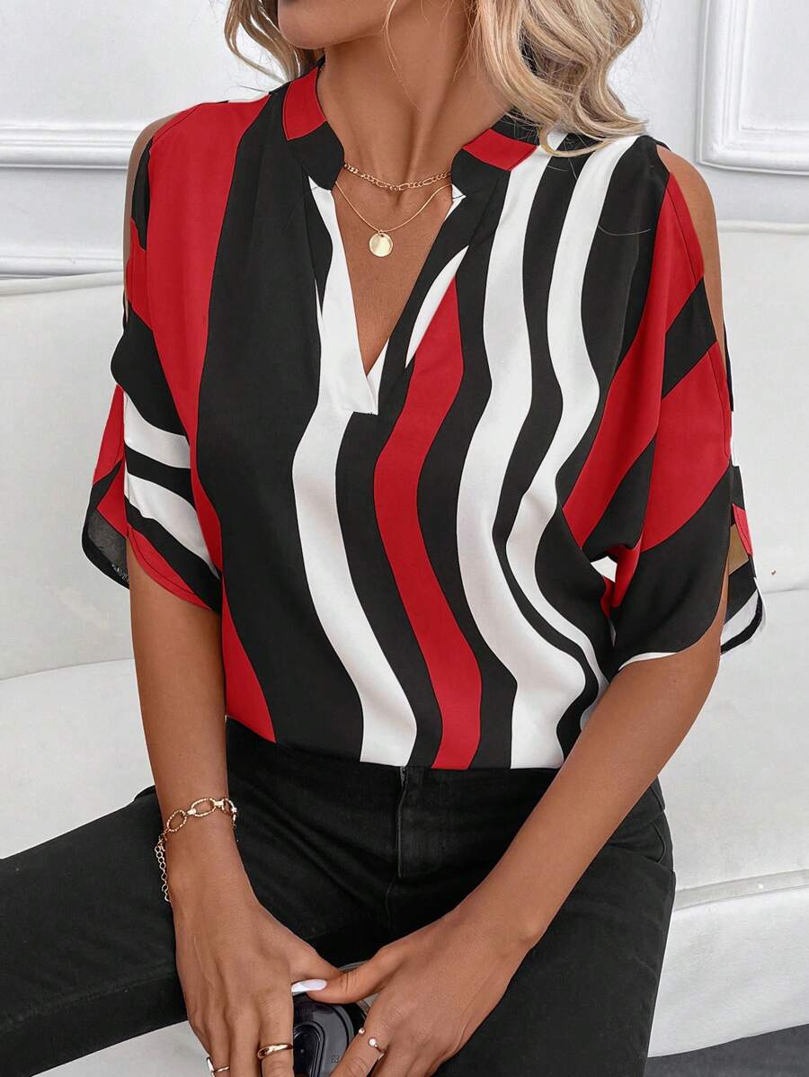 SHEIN Clasi Women Cold Shoulder Geometric Print Casual Blouse, Suitable For Valentine's Day