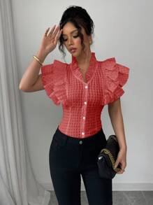 Elenzga 优雅浪漫纹理格子荷叶边下摆女式衬衫，度假风格 - 紅色 - 查看 3