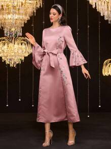 Al Najma Vestido abaya de manga de campana con cuello redondo y bordado floral para mujer