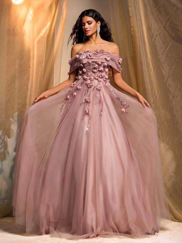 Glamrae فستان ماكسي فاخر مطرز ثلاثي الأبعاد بالزهور على شبكة متباينة من التطريز، مناسب للزفاف وحفلات الزفاف والحفلات والأعياد والعطلات، فستان سهرة رسمي - وردي مغبر - مشاهدة 5