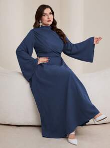 Graceveil 大码女式喇叭袖褶饰阿拉伯风格连衣裙，端庄 - 霧霾藍 - 查看 6