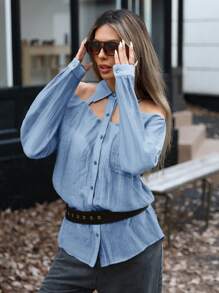 Aveloria Modichic Camisa de mujer de manga larga con diseño minimalista de moda, cuello halter hueco de imitación, botón delantero y tela texturizada
