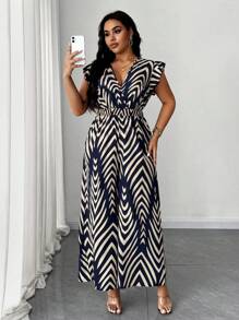 SHEIN Unity Plus Size Women's Summer Sleeveless Drawstring Waist Wide Leg Pants, Loose Vacation Print Deep Shirred Jumpsuit - Multicolor - View 1