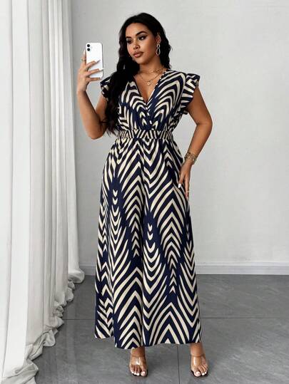 SHEIN Unity 加大码女式夏季无袖抽绳阔腿裤，宽松度假印花深褶皱连体裤