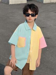 SHEIN Kids Tween Boy Casual Japanese And Korean Versatile Comfortable Contrasting Color Splicing Lapel Loose Open Front Short Sleeved Woven Shirt Suitable For Commuting To School, Daily Leisure Vacation Travel, Suitable For Sports, Suitable For Spring And Summer Festivals