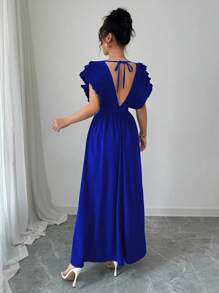 Elenzga Women's Elegant Solid Color Ruffle Tie-Up Backless Dress Easter - Blue - View 2