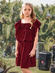 2pcs 2025 Spring/Summer New Casual Comfortable Resort Ruffled Sleeve Red Tween Girl Set, Suitable For Daily Wear, Outdoor Activities, And Family Holiday Gatherings - Burgundy - View 2