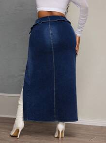 SHEIN SXY Plus Size Stretchy Denim Asymmetric Design Distressed Washed Long Skirt  Summer Outfits For Women Festival Outfits - Dark Wash - View 2