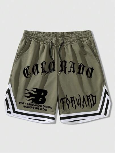 Street Life شورت كاجوال للرجال مزين بخطوط ملونة ونص شعار، مناسب للربيع/الصيف