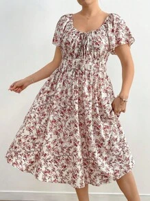 Flirla Plus Size Drawstring Elastic Waist Ditsy Floral Casual Dress - Multicolor - View 4