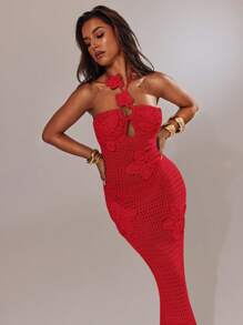 SHEIN BAE Women's Sexy Backless Halter Neck Maxi Knit Dress,Valentine's Day,Valentine Outfits For Women - Red - View 8