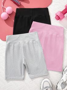 SHEIN Leap Crew 3pcs/Pack Tween Girls' Casual Minimalist Mid-Length Leggings, Suitable For Spring And Summer, School, Campus, College