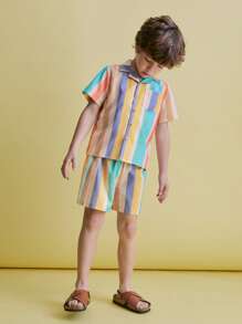 SHEIN 2pcs Young Boys' Colorful Striped Chest Pocket Short Sleeve Button-Up Shirt And Relaxed Fit Striped Elastic Waist Shorts Set, Perfect For Holiday Style