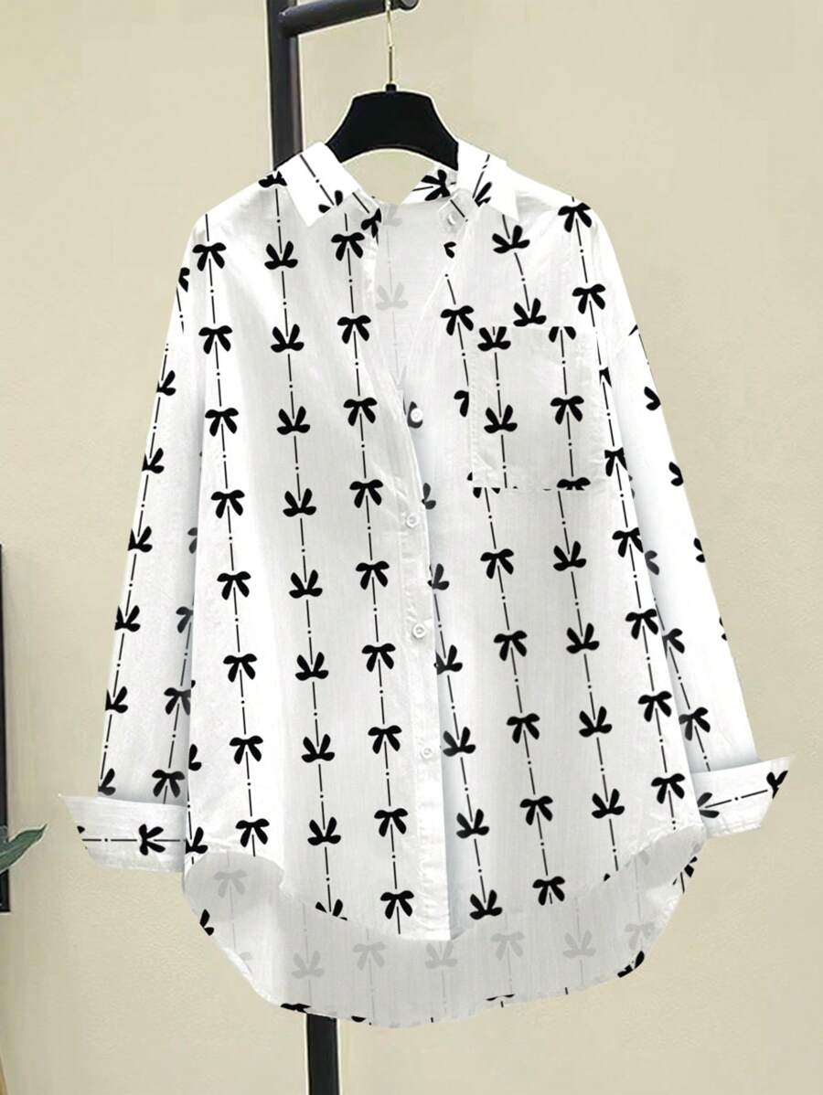 INAWLY 女士休闲条纹印花长袖胸袋衬衫，秋冬款 - 黑與白 - 查看 1