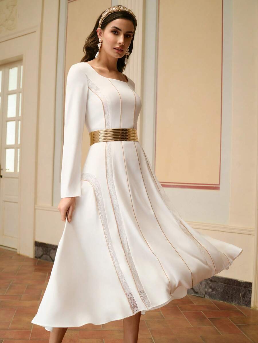 ZEYLAH 女士方领长袖撞色蕾丝优雅中长连衣裙 - 白色 - 查看 1