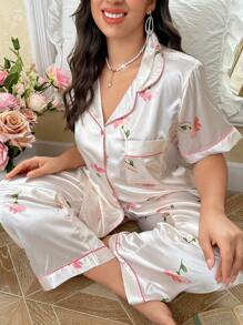 CottageSlumber 大码花卉印花缎面睡衣套装
