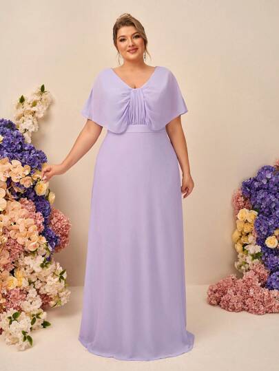 SHEIN Belle Plus Size Elegant & Romantic Purple Layered Ruffled Cap Sleeve Chiffon Maxi A-Line Bridesmaid Dress