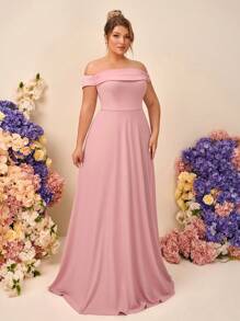 SHEIN Belle 大码优雅简约粉色露肩褶皱雪纺收腰鱼尾长款伴娘礼服 - 粉色 - 查看 3