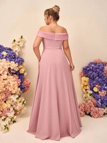 SHEIN Belle 大码优雅简约粉色露肩褶皱雪纺收腰鱼尾长款伴娘礼服 - 粉色 - 查看 5