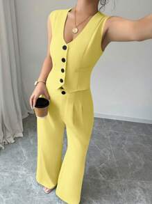 Selianne 女士优雅通勤奶油黄色单排扣背心和裤子休闲套装 - 黃色 - 查看 4