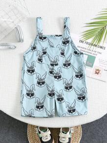 Young Boy Casual Cute Cartoon Rabbit Print Pattern Loose Knit Romper - Blue - View 2
