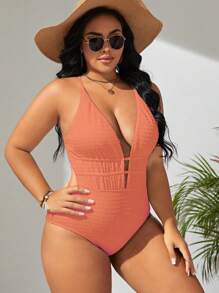 Swim SXY Plus Size Women Deep V-Neck Sexy Halter One-Piece Swimsuit - Orange - View 5