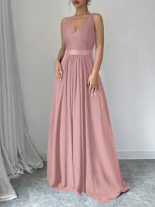 Elenzga 无袖 V 领收腰 A 字型优雅浪漫女士派对连衣裙 女式长款套装