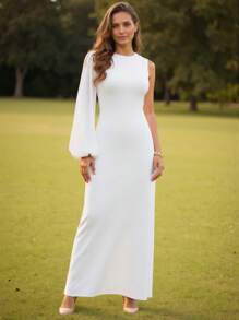 ODELIAR Designer White Transparent Chiffon Bishop Long Sleeve Elegant Maxi Dress, Concert Outfit, Rave, Wedding, Prom Dress - White - View 8