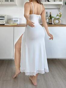 Crystal Vow Camisón largo con abertura lateral alta y encaje de parches sexy para mujer