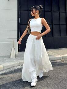 SHEIN EZwear 2 件女式纯色短款背心和长裙套装 - 白色 - 查看 3