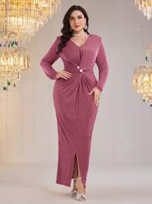 Modelyn Plus Size Women Twist Knot Waist Long Sleeve Bodycon Elegant Dress