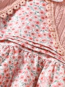 SHEIN 2pcs/Set Young Girl Floral Print Ruffle Trim Cardigan Jacket And Tiered Collar Dress - Pink - View 6