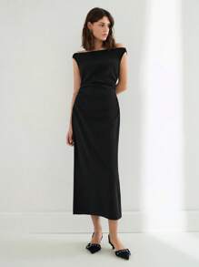 Maija 女士优雅纯色露肩连衣裙，夏季 - 黑色 - 查看 4