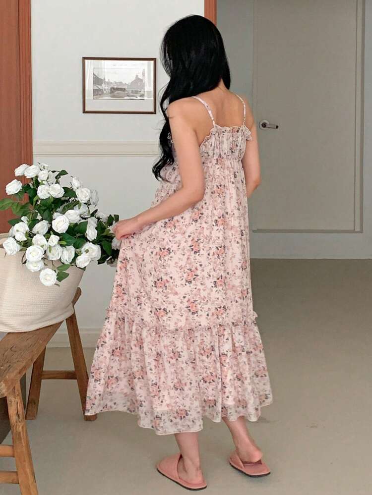 Women's Romantic Ditsy Floral Allover Print Ruffle Hem Slip Dress Pajama