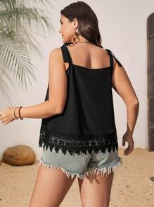 SHEIN LUNE 大码女式休闲打结肩部蕾丝边吊带背心上衣 - 黑色 - 查看 2