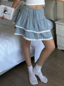 SHEIN Teen Girls Low Waist, Floral Grey, Sweet/Cute/Clean Girl, Retro Lace Trim, Skater Skirt, Tutu Skirt - Grey - View 1
