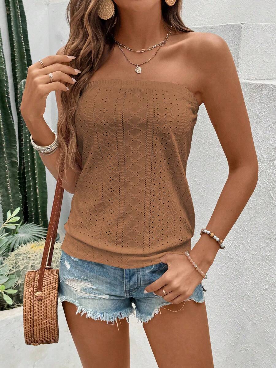 SHEIN ChicEase Top casual con escote en V, bordado y fruncido para mujer - Marrón - Ver 1